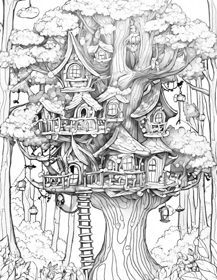 coloring page of a moonlit forest with a ghostly treehouse, inviting a supernatural adventure in black and white