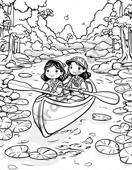 Coloring book image of native american family paddling canoe on serene river surrounded by lush greenery in black and white