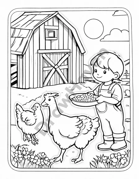 child feeding animals during morning chores on a farm coloring page in black and white