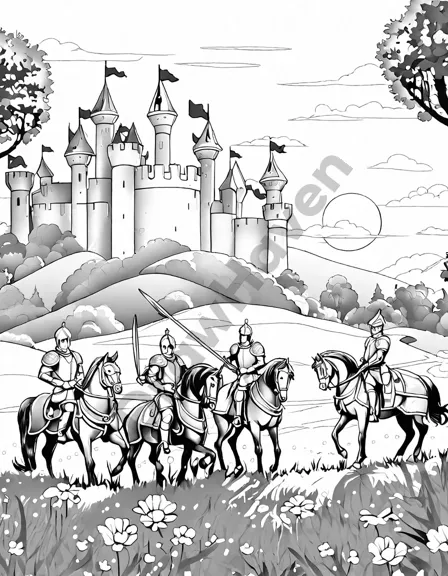 Coloring book image of knights in armor preparing for a quest at dawn with a castle silhouette in the background in black and white