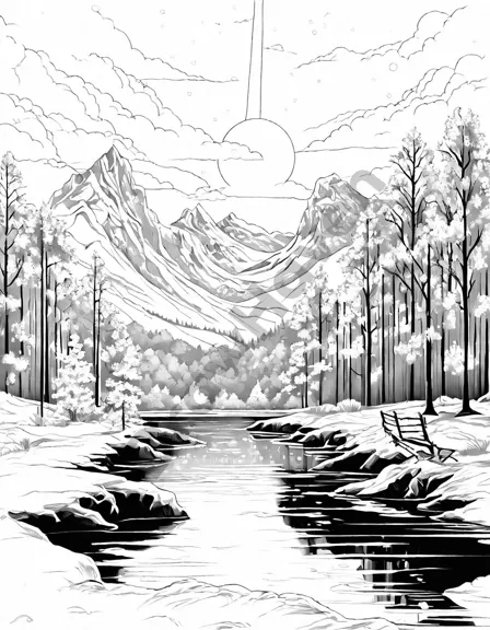 Coloring book image of frozen lake under winter sky, glistening like a diamond expanse, with snow-laden trees and serene ambiance in black and white