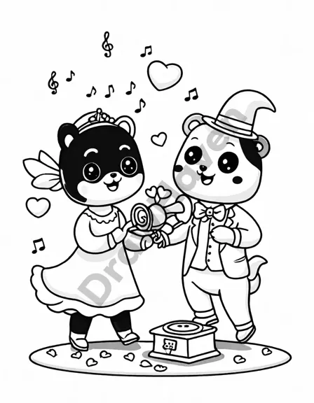 valentine's day coloring page featuring a couple dancing under stars and a crescent moon in black and white