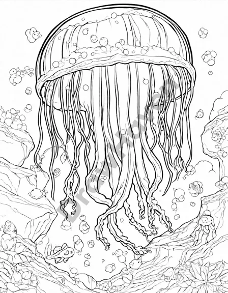 underwater coloring page of jellyfish floating in a tranquil ocean, inviting relaxation and creativity in black and white