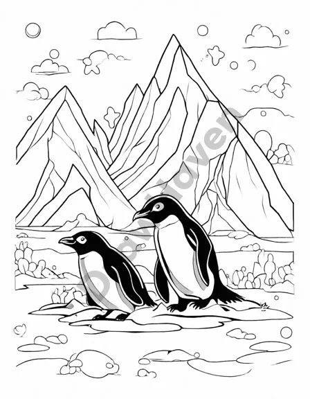 coloring page of playful penguins on an ice floe for children's creative learning in black and white