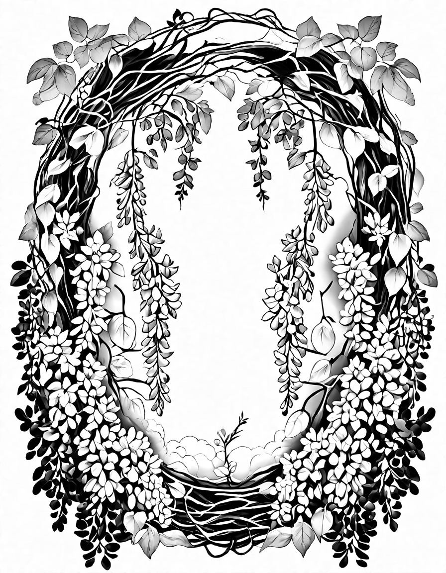 mystical grotto of wisteria coloring page, intricate vines, delicate blooms, enchanting embrace in black and white