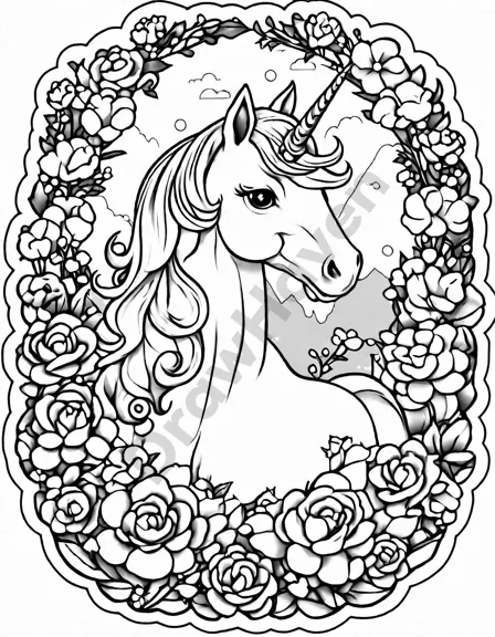 coloring book page featuring unicorns with floral crowns in a mystical meadow under a rainbow in black and white