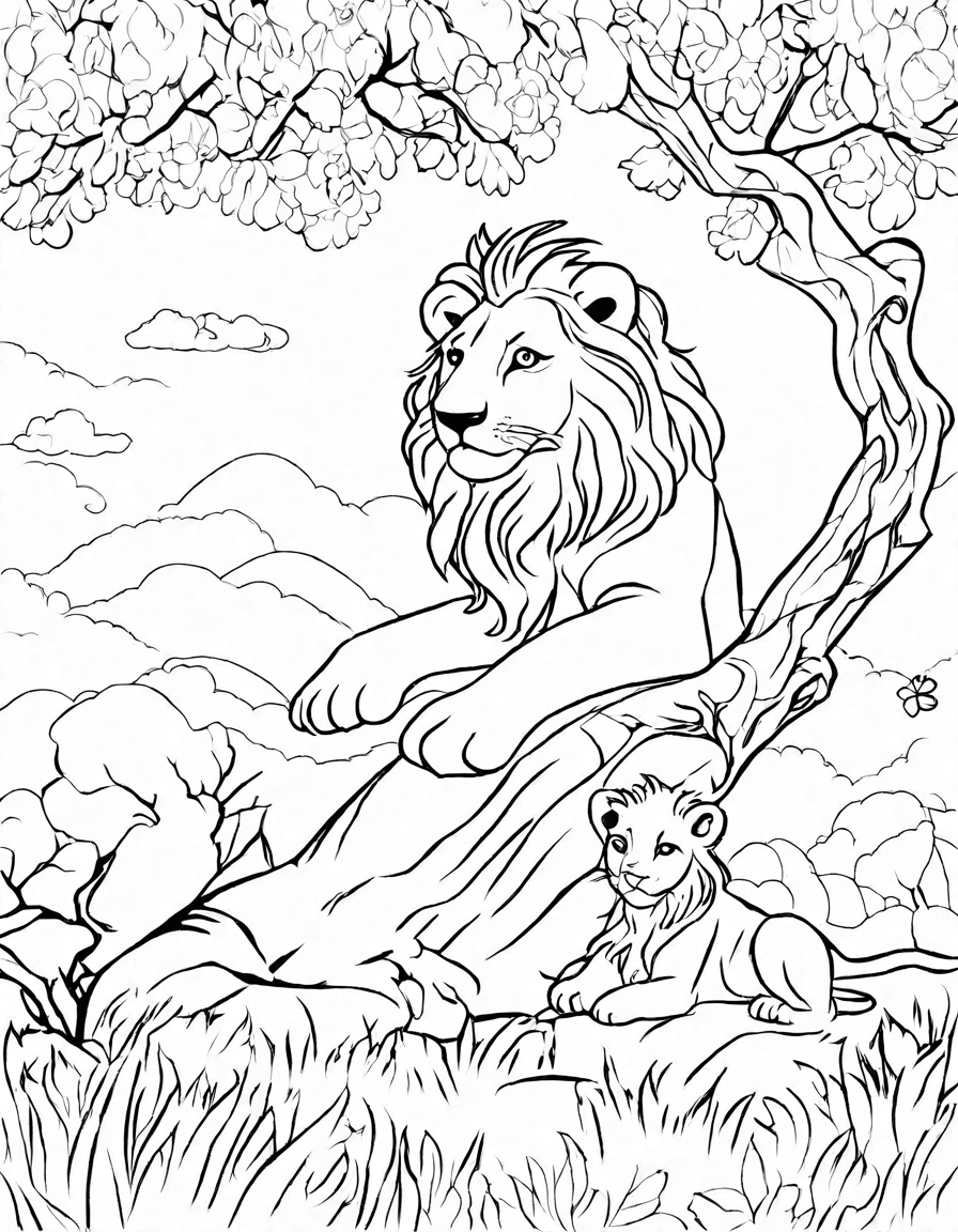coloring page featuring a serene lion resting under an acacia tree at sunset in the savannah in black and white