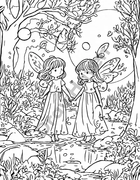 Coloring book image of ethereal fairies dancing under a glowing full moon in a mystical forest with fireflies and a serene stream in black and white