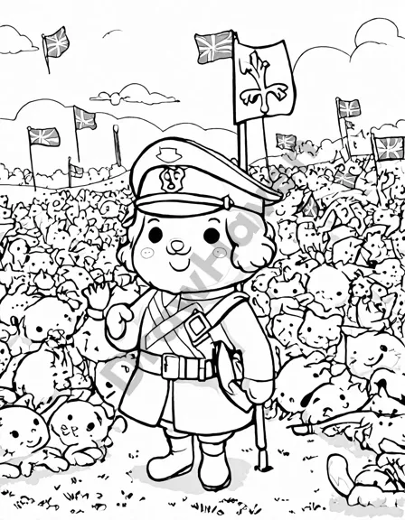 coloring page of the grand old duke of york leading 10,000 men, featuring detailed soldiers and medieval flags in black and white