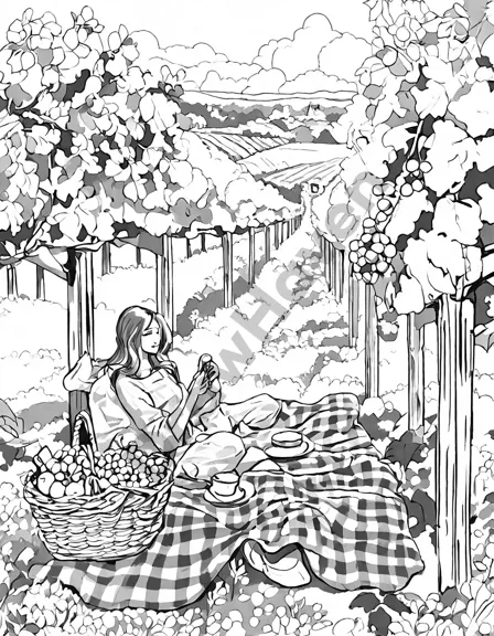 enchanting coloring page of a secluded vineyard picnic among lush grapevines in black and white