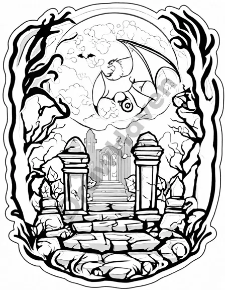 Coloring book image of sinister stone gargoyles guarding the entrance to ancient crypts under a full moon in black and white