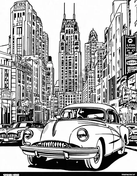 detroit automotive legacy coloring page featuring iconic cars like chrysler airflow, ford mustang, and chevrolet corvette in black and white