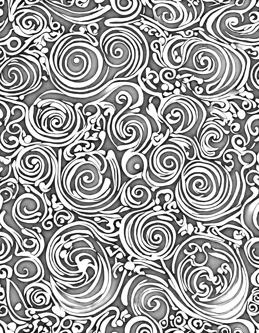 chocolate-themed coloring page with intricate swirls and patterns in black and white