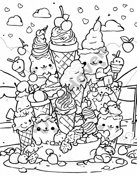 summer-themed coloring page featuring a variety of ice cream cones under the sun in black and white