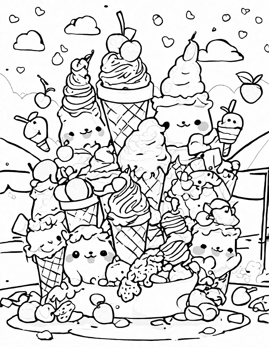 summer-themed coloring page featuring a variety of ice cream cones under the sun in black and white