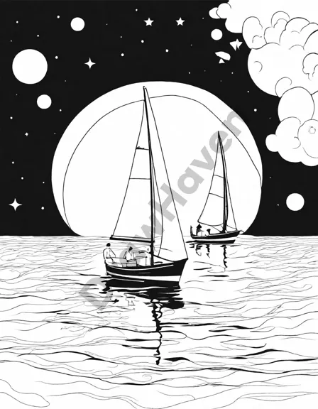 Coloring book image of serenely illustrated sailboats drifting on a calm sea with soft blues and whites in black and white