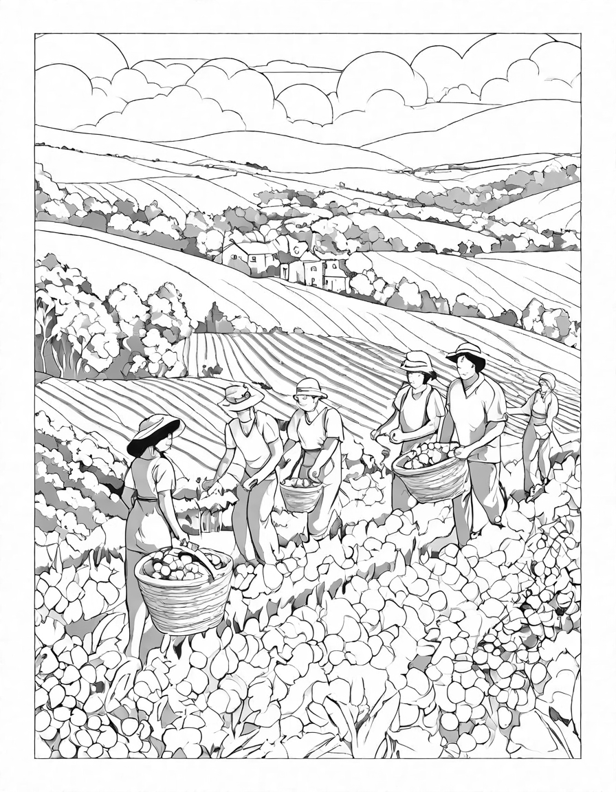 vibrant coloring page depicting joyful vineyard workers harvesting plump grapes during autumn grape harvest festival in black and white