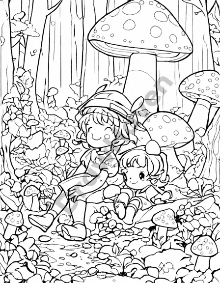 Coloring book image of magical scene of pixies playing hide-and-seek among vibrant toadstools in a forest in black and white