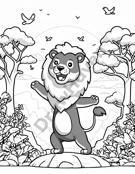 serenity of safari sunrise coloring page featuring a yawning lion and birds at dawn in black and white