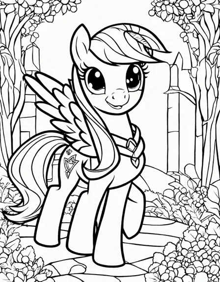 starlight glimmer's magical coloring page with crystals and twinkling stars in black and white