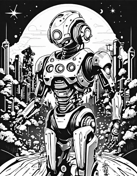 coloring book page featuring futuristic robots with led eyes and gadgets engaging in tasks in black and white