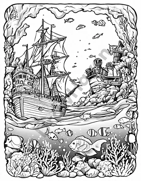 coloring book page of a sunken shipwreck surrounded by marine life and treasure on the ocean floor in black and white