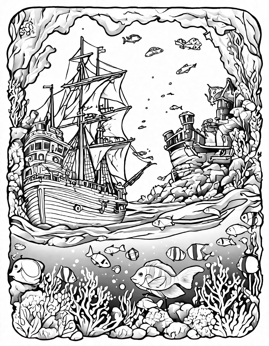 coloring book page of a sunken shipwreck surrounded by marine life and treasure on the ocean floor in black and white