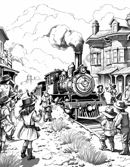 Coloring book image of steam locomotive arrives in wild west town, surrounded by excited cowboys, cowgirls, and horses in black and white