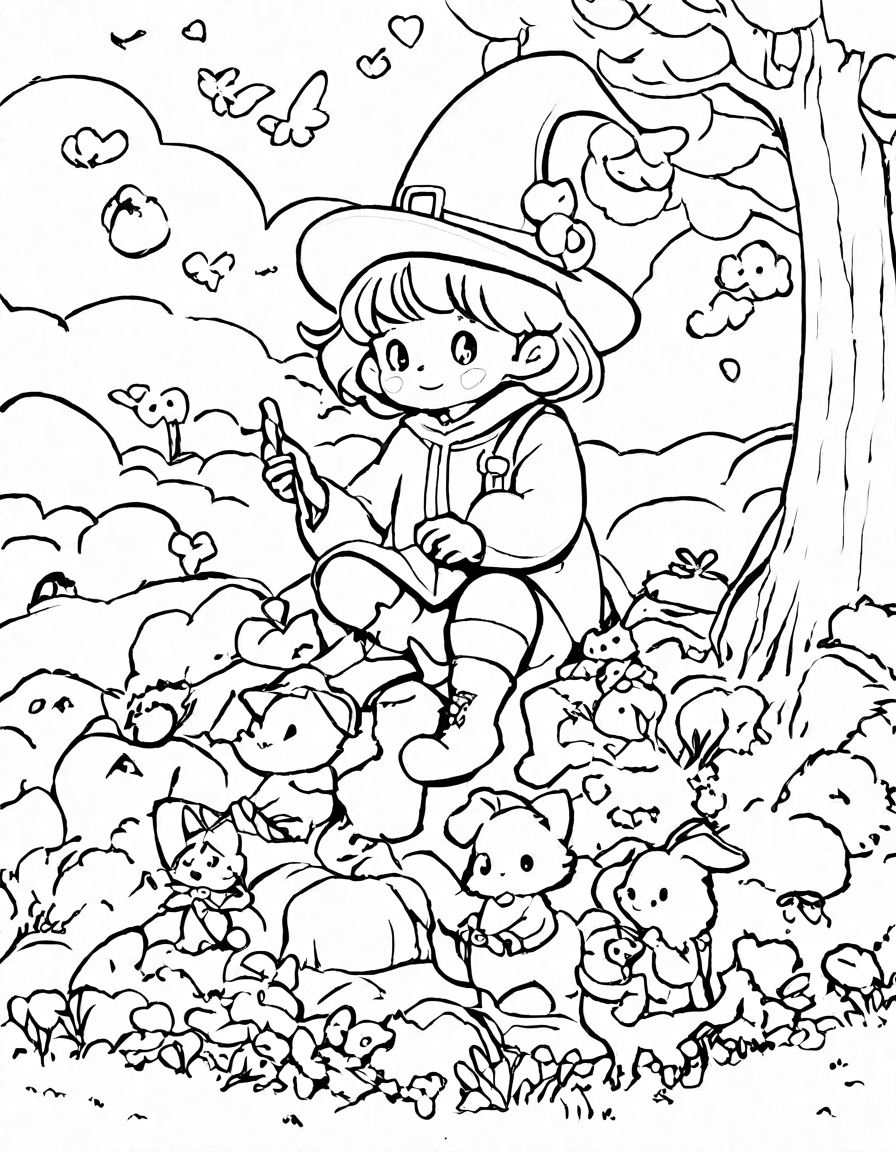 Coloring book image of leprechauns at end of rainbow in irish countryside, wearing green coats and hats, guarding pot of gold, surrounded by vibrant nature in black and white