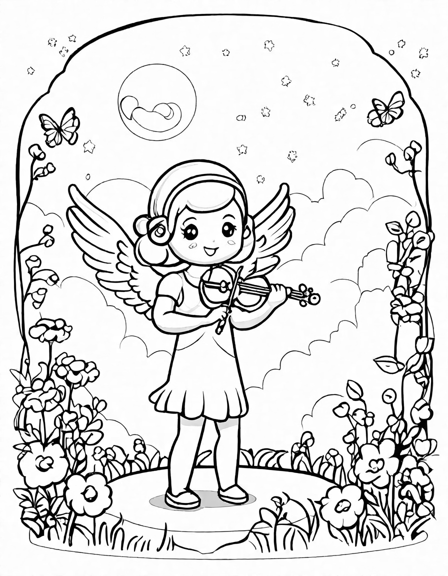 cupid releasing an arrow in a colorful, moonlit garden on a coloring page in black and white