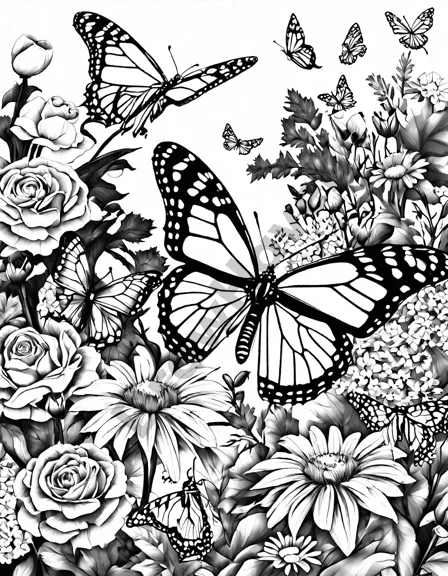 vibrant butterflies among blooming flowers in a lush garden, perfect for coloring in black and white