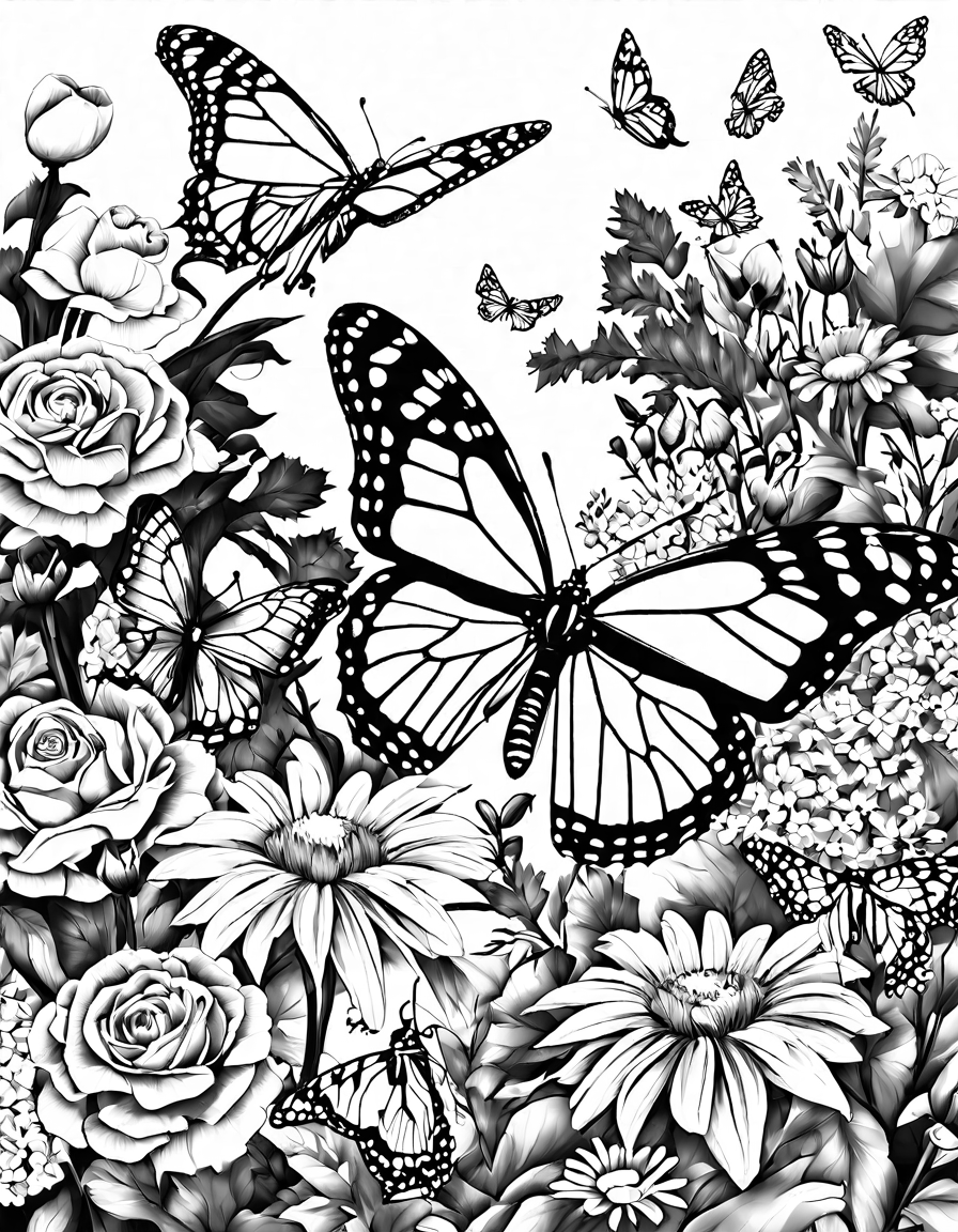 vibrant butterflies among blooming flowers in a lush garden, perfect for coloring in black and white