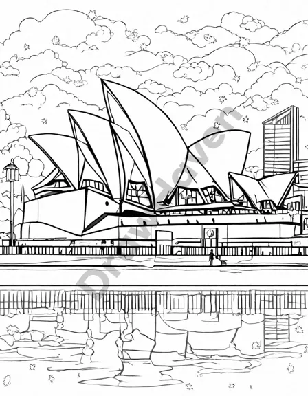 coloring book page featuring sydney opera house at night with stars and reflective harbour in black and white