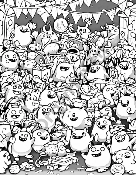 Coloring book image of monstrous disco party in dungeon of delight with dancing funny monsters and a two-headed dj in black and white