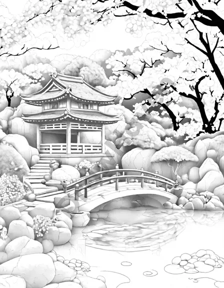 Coloring book image of tranquil japanese garden with delicate cherry blossoms, stone pathways, and a traditional teahouse in black and white