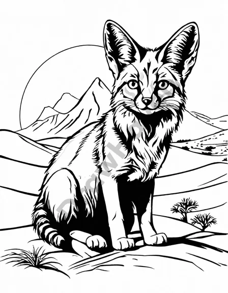 serene desert coloring page featuring majestic sand cats, arabian oryx, and playful fennec foxes in black and white