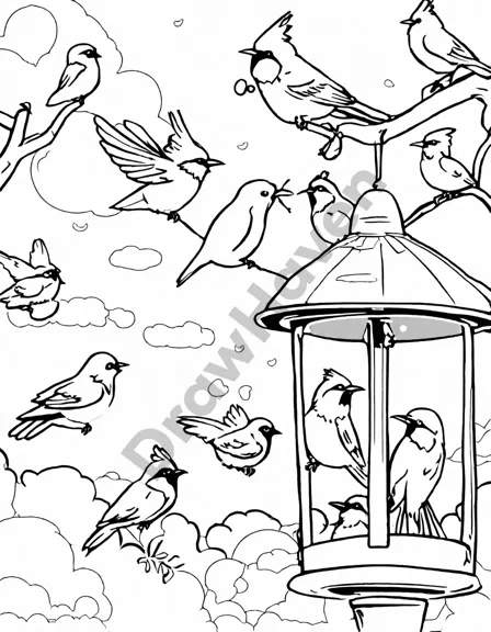 Coloring book image of vibrant bird feeder teeming with feathered friends: cardinal, hummingbird, and chickadee in black and white