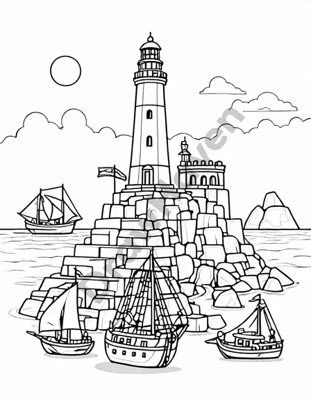 coloring page of the lighthouse of alexandria on ancient shores with detailed bricks and bustling docks in black and white