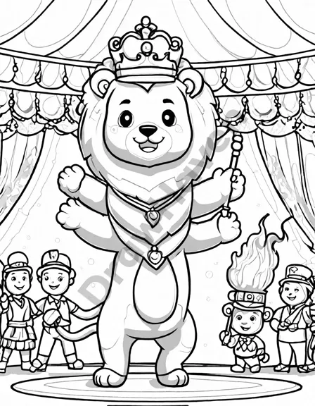 lion tamer performing with lion through fire hoop at circus coloring page in black and white