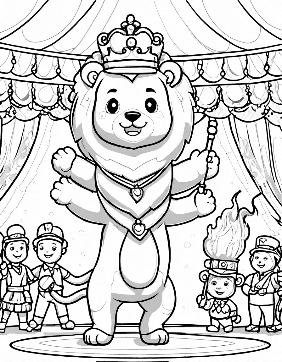 lion tamer performing with lion through fire hoop at circus coloring page in black and white