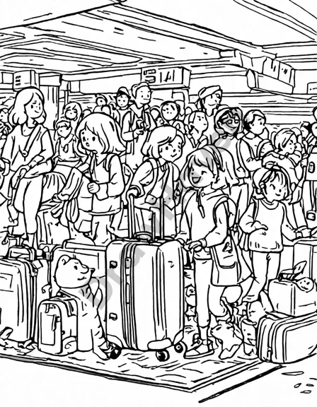 coloring page of travelers waiting at airport baggage claim area with detailed luggage carousel in black and white