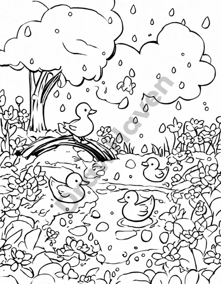 coloring page of spring showers with ducks, blooming flowers, and a rainbow in black and white