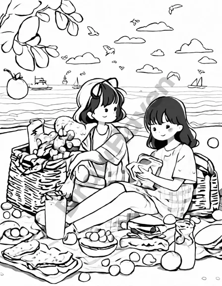 coloring page of beach picnic with fruits, sandwiches, and lemonade on a checkered blanket in black and white