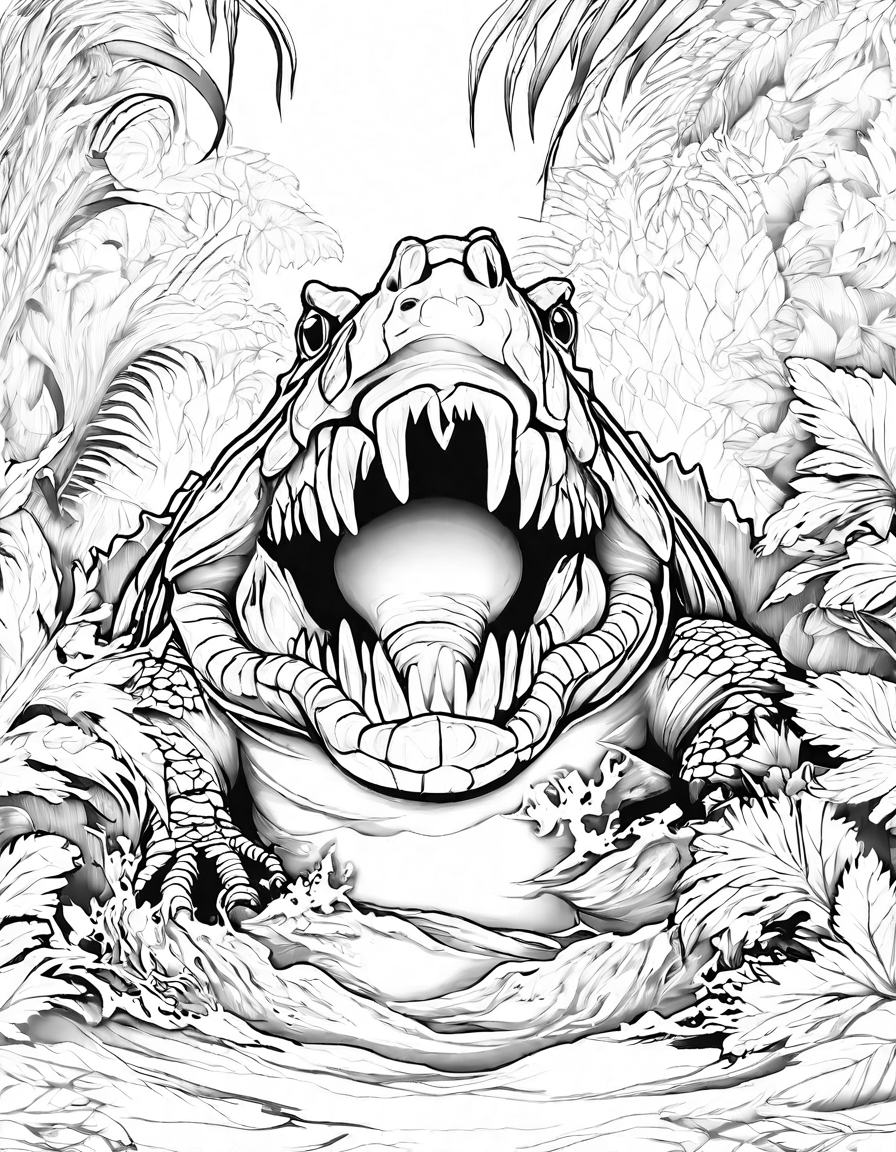 Coloring book image of alligator leaps from water and captures prey in its powerful jaws in black and white