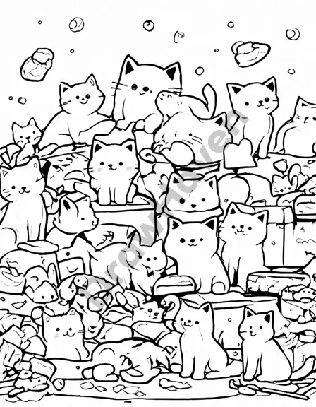 Coloring book image of adorable pet shop scene with kittens chasing tails and puppies bouncing with wagging tails in black and white
