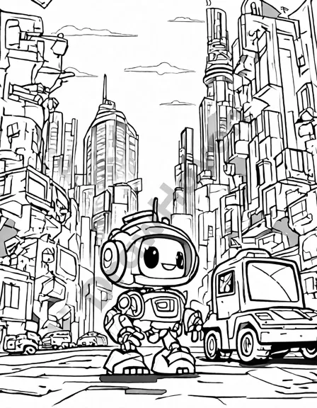 coloring page of robot secret agent with gadgets in a futuristic city in black and white