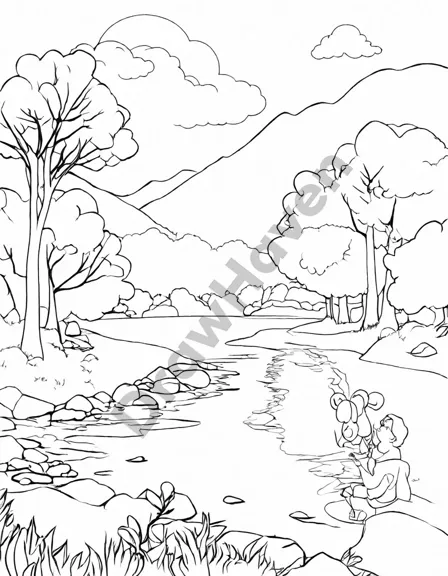 serene river valley coloring book page with trees, mountains, and dawn sky reflection in black and white