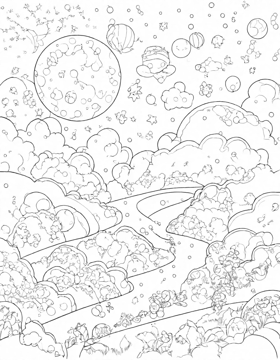 Coloring book image of celestial symphony of meteors: shooting heavenly orbits, an awe-inspiring space scene with fiery meteors streaking across the cosmic canvas in black and white