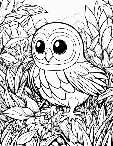 vibrant coloring book page featuring elio and his loyal rowlet preparing to launch a powerful seed bomb in black and white