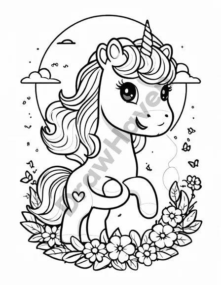 Coloring book image of majestic unicorns in a vibrant flower meadow at dawn, with butterflies fluttering around in black and white